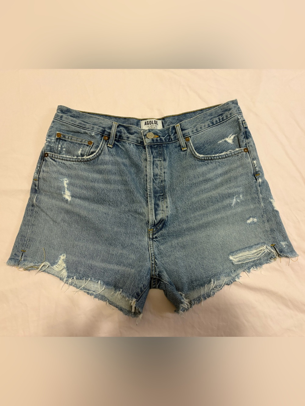 Agolde Light Blue Distressed High-Rise Jean Shorts